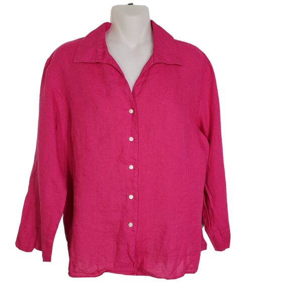 Talbots Womens Top Size 12 100% Irish Linen Hot Pink 3/4 Sleeve Button Up Blouse - Picture 1 of 8